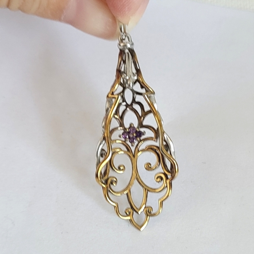 Vintage Boho Victorian Filigree Sterling Silver Amethyst Crystal Gold Pendant